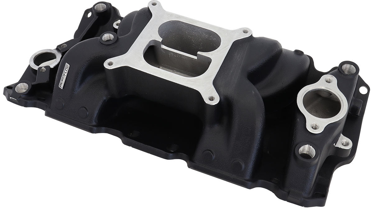 Small Block Chev Air Gap Dual Plane Intake Manifold, Black Finish   1500 - 6500 RPM, Square Bore Carburettor Pad, Non-EGR