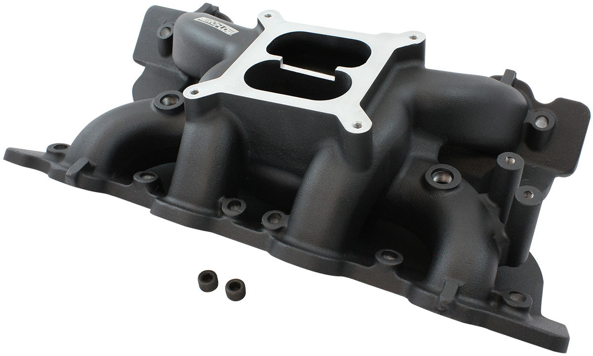 Ford 351 Cleveland Air Gap Dual Plane Intake Manifold, Black Finish   1500 - 6500 RPM, Square Bore Carburettor Pad, Non-EGR, Suits both 2V, 3V & 4V