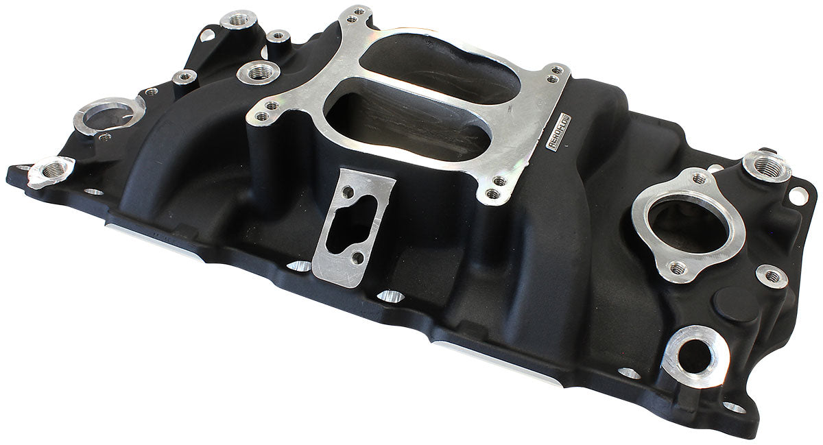 Aeroflow SB Chev Classic Dual Plane Intake Manifold, Black Finish   Idle - 5500 RPM, Spread Bore Carburettor Pad, EGR Model