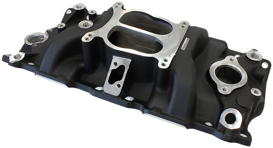 Aeroflow SB Chev Classic Dual Plane Intake Manifold, Black Finish   Idle - 5500 RPM, Spread Bore Carburettor Pad, EGR Model