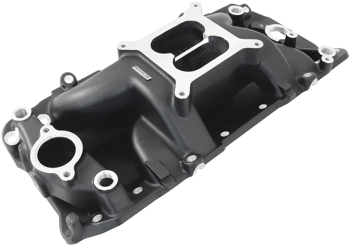 BB Chev Air Gap Dual Plane Intake Manifold, Black Finish   1500 - 6500 RPM, Square Bore Carburettor Pad, Non-EGR