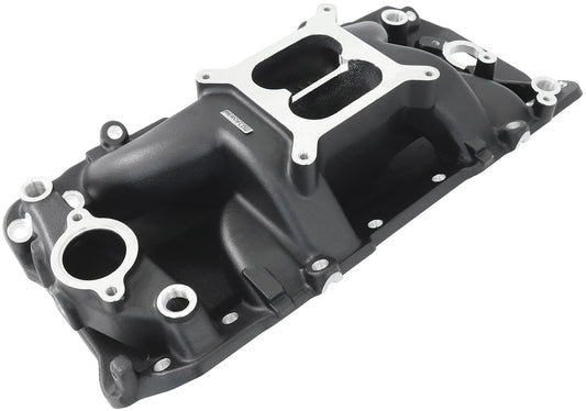 BB Chev Air Gap Dual Plane Intake Manifold, Black Finish   1500 - 6500 RPM, Square Bore Carburettor Pad, Non-EGR
