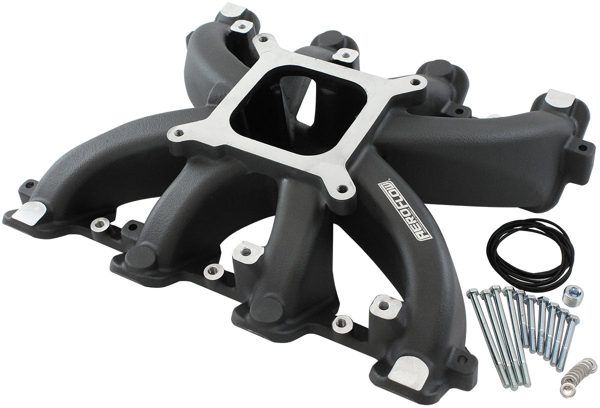 GM LS Cathedral Port Carburettor Street Single Plane Non-EFI Intake Manifold,Black Finish   4 Barrell 4150 Square Bore Carburettor Pad