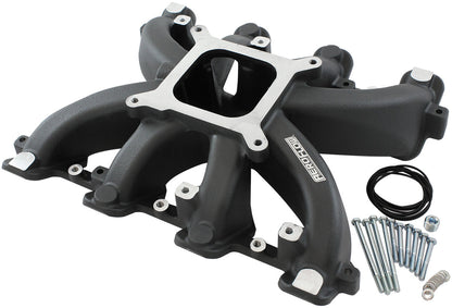 GM LS Cathedral Port Carburettor Street Single Plane Non-EFI Intake Manifold,Black Finish   4 Barrell 4150 Square Bore Carburettor Pad