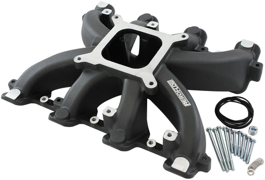 GM LS Cathedral Port Carburettor Street Single Plane Non-EFI Intake Manifold,Black Finish   4 Barrell 4150 Square Bore Carburettor Pad