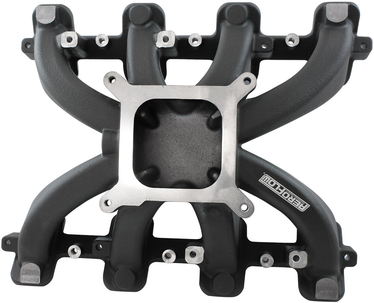GM LS Cathedral Port Carburettor Street Single Plane Non-EFI Intake Manifold,Black Finish   4 Barrell 4150 Square Bore Carburettor Pad