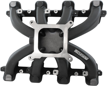 GM LS Cathedral Port Carburettor Street Single Plane Non-EFI Intake Manifold,Black Finish   4 Barrell 4150 Square Bore Carburettor Pad