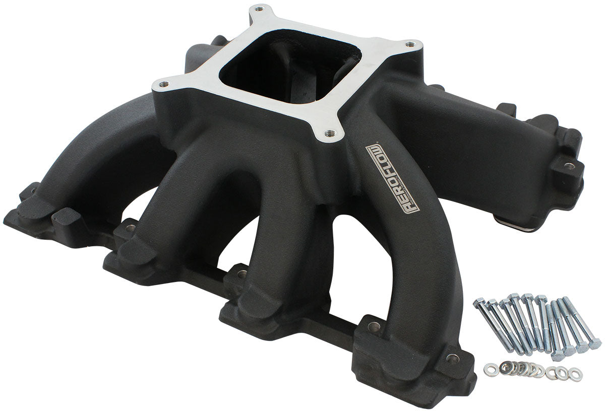 GM LS Cathedral Port Carburettor Hi Rise Single Plane Non-EFI Intake Manifold,Black Finish   4 Barrell 4150 Square Bore Carburettor Pad