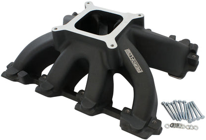 GM LS Cathedral Port Carburettor Hi Rise Single Plane Non-EFI Intake Manifold,Black Finish   4 Barrell 4150 Square Bore Carburettor Pad