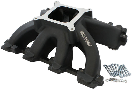 GM LS Cathedral Port Carburettor Hi Rise Single Plane Non-EFI Intake Manifold,Black Finish   4 Barrell 4150 Square Bore Carburettor Pad