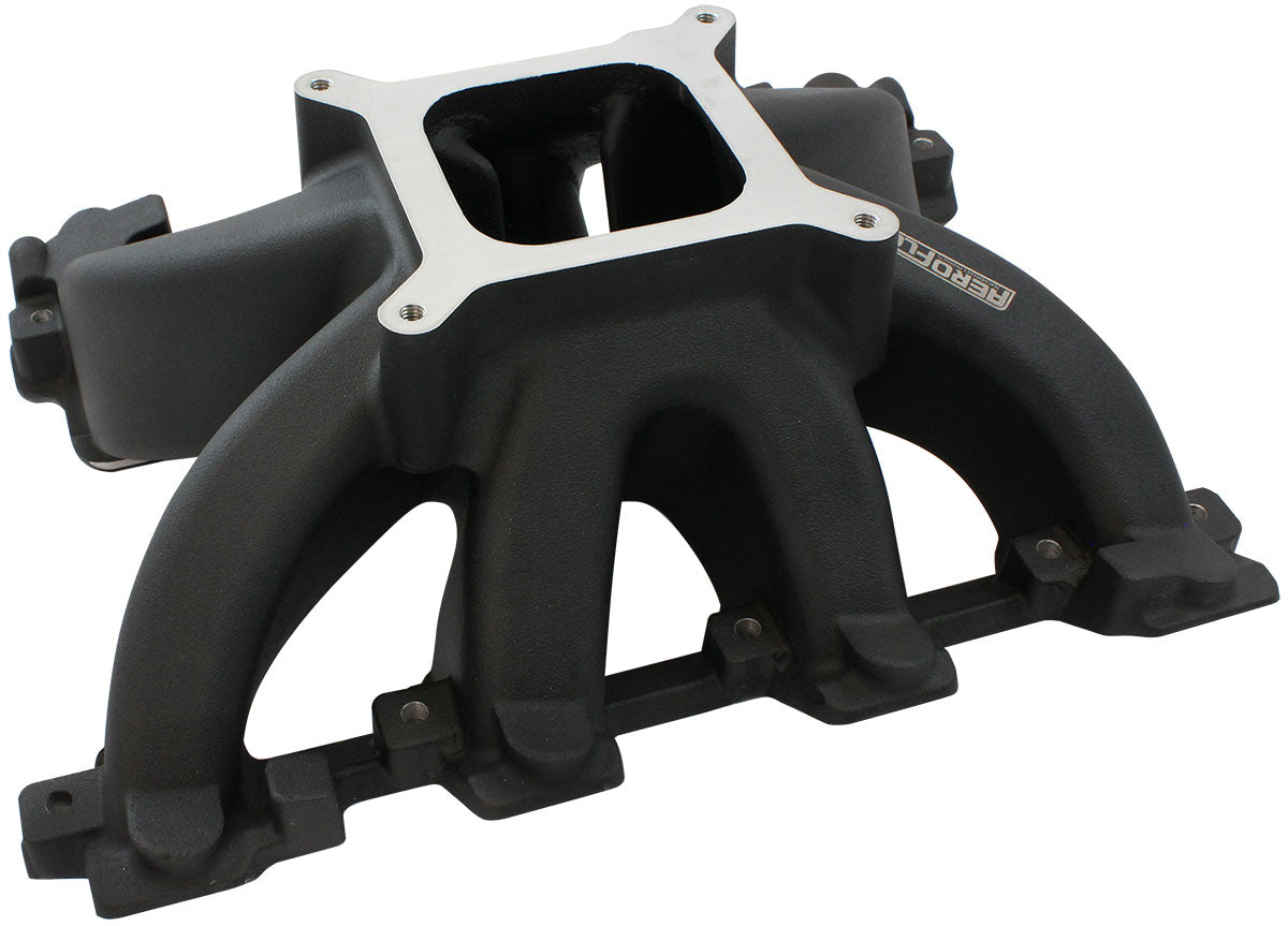 GM LS Cathedral Port Carburettor Hi Rise Single Plane Non-EFI Intake Manifold,Black Finish   4 Barrell 4150 Square Bore Carburettor Pad