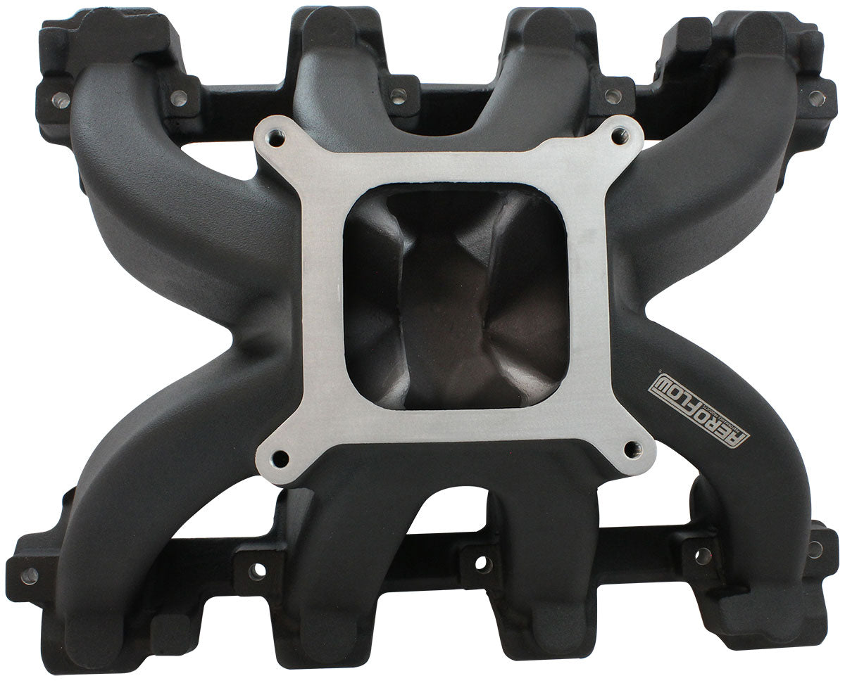 GM LS Cathedral Port Carburettor Hi Rise Single Plane Non-EFI Intake Manifold,Black Finish   4 Barrell 4150 Square Bore Carburettor Pad