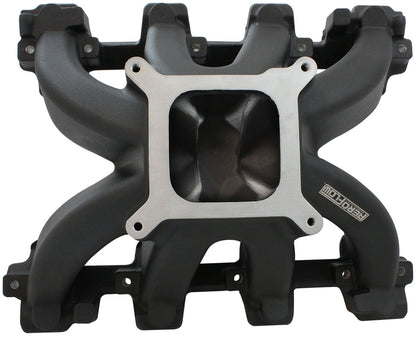 GM LS Cathedral Port Carburettor Hi Rise Single Plane Non-EFI Intake Manifold,Black Finish   4 Barrell 4150 Square Bore Carburettor Pad