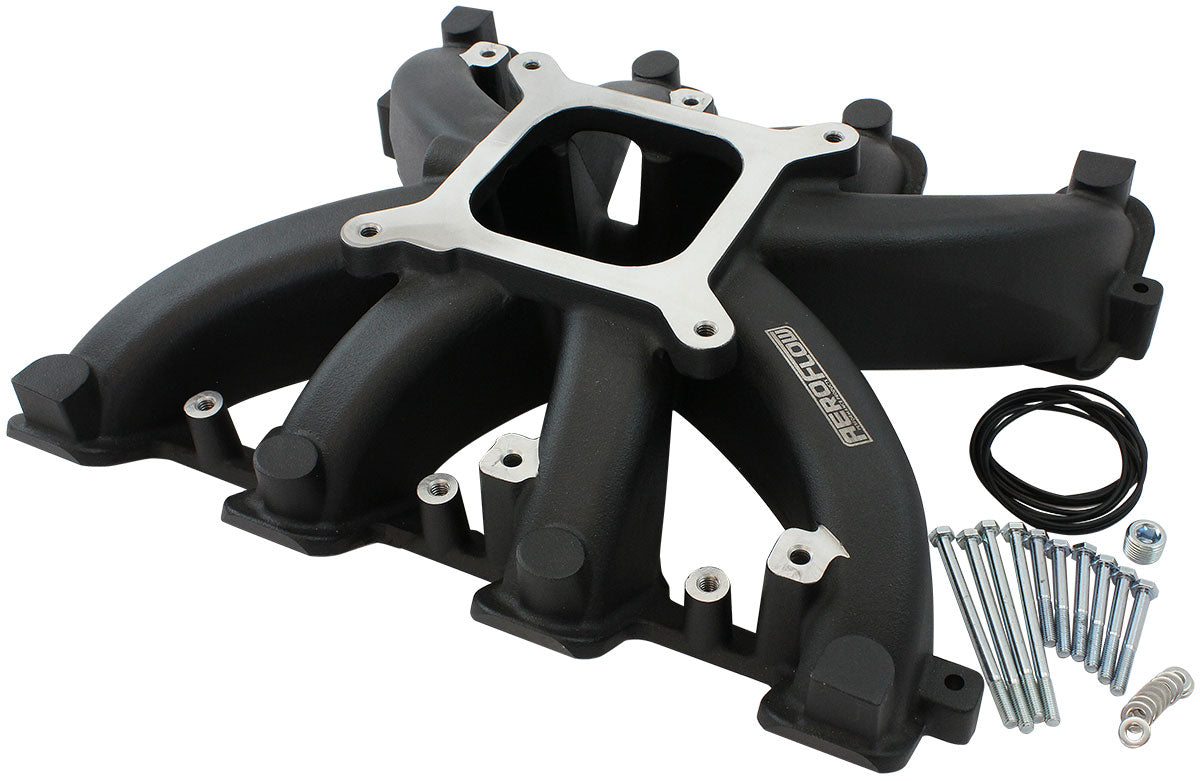 Aeroflow GM LS Rectangle Port Carburettor Street Single Plane Non-EFI Intake Manifold, Black Finish   4 Barrell 4150 Square Bore Carburettor Pad