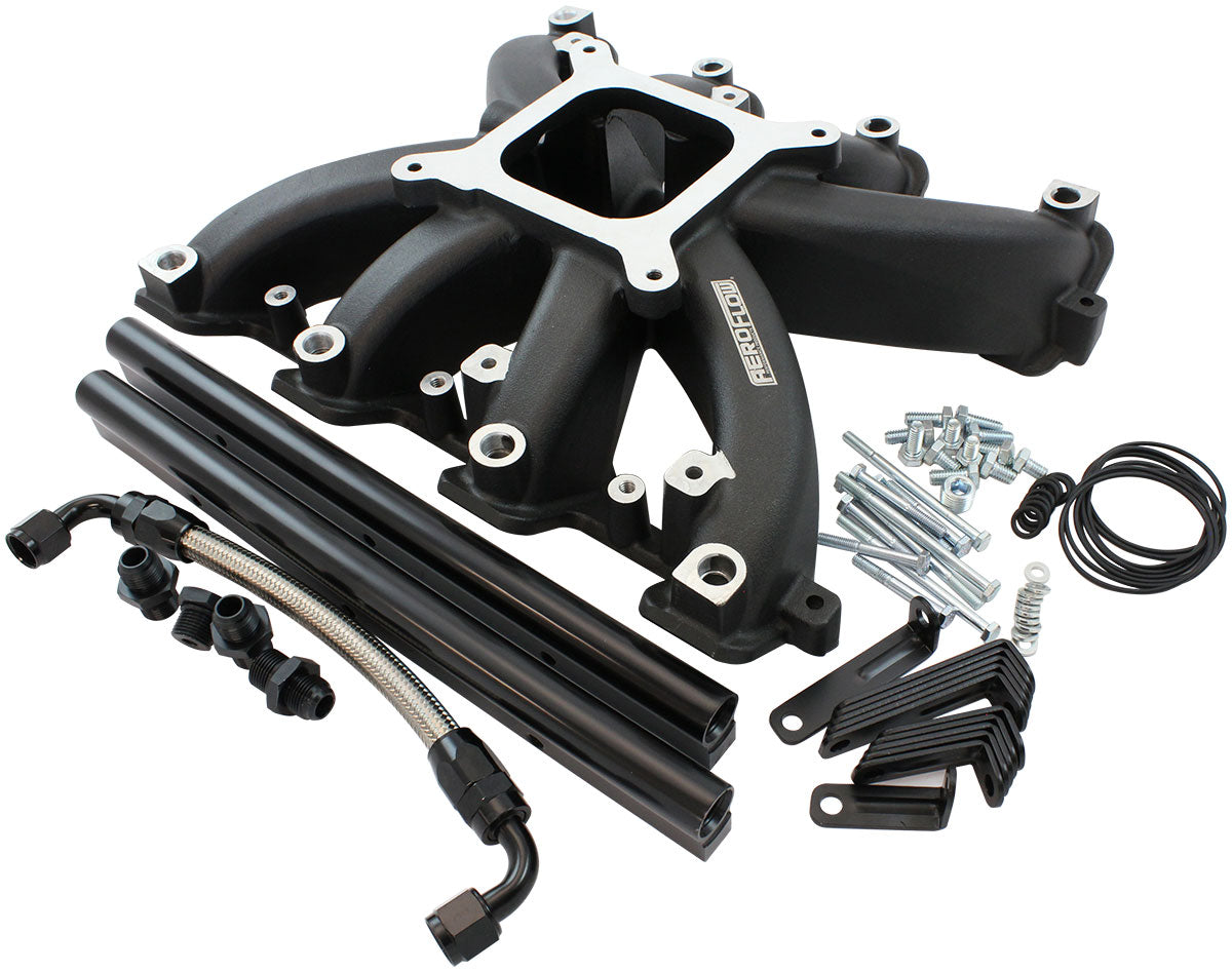 GM LS Cathedral Port Carburettor Street Single Plane EFI Intake Manifold, Black Finish   4 Barrell 4150 Square Bore Carburettor Pad