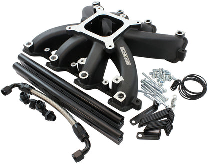 GM LS Cathedral Port Carburettor Street Single Plane EFI Intake Manifold, Black Finish   4 Barrell 4150 Square Bore Carburettor Pad