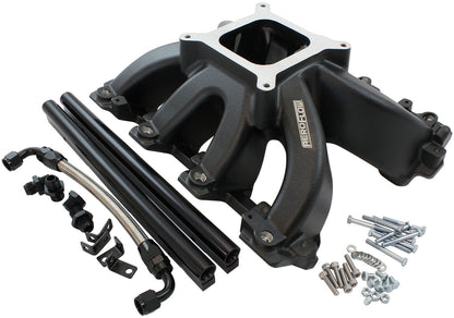 Aeroflow GM LS Cathedral Port Carburettor Hi Rise Race Single Plane EFI Intake Manifold, Black Finish   4 Barrell 4150 Square Bore Carburettor Pad