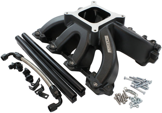Aeroflow GM LS Cathedral Port Carburettor Hi Rise Race Single Plane EFI Intake Manifold, Black Finish   4 Barrell 4150 Square Bore Carburettor Pad