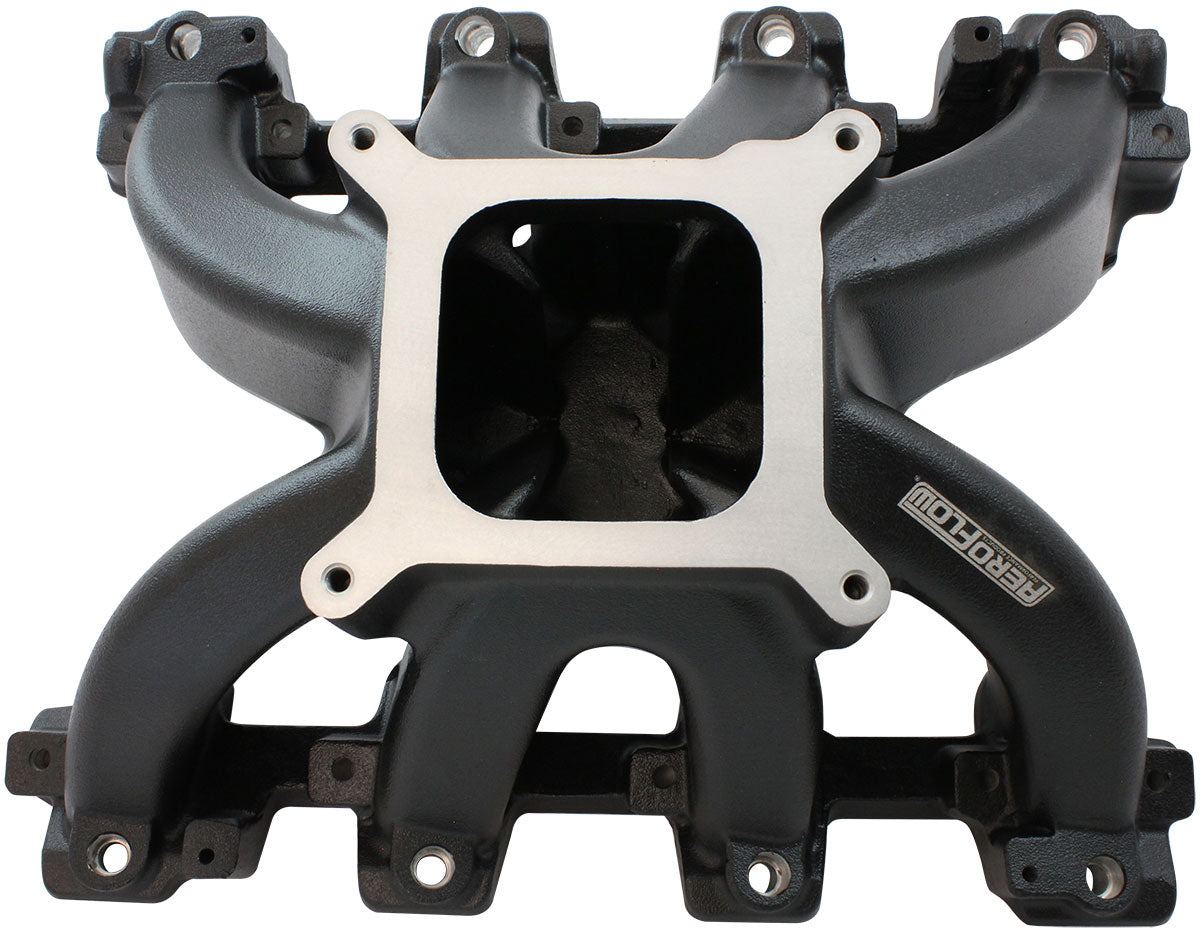 Aeroflow GM LS Cathedral Port Carburettor Hi Rise Race Single Plane EFI Intake Manifold, Black Finish   4 Barrell 4150 Square Bore Carburettor Pad