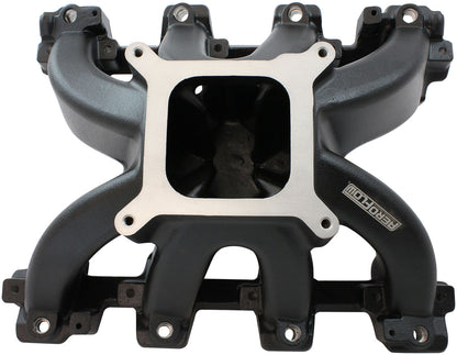 Aeroflow GM LS Cathedral Port Carburettor Hi Rise Race Single Plane EFI Intake Manifold, Black Finish   4 Barrell 4150 Square Bore Carburettor Pad