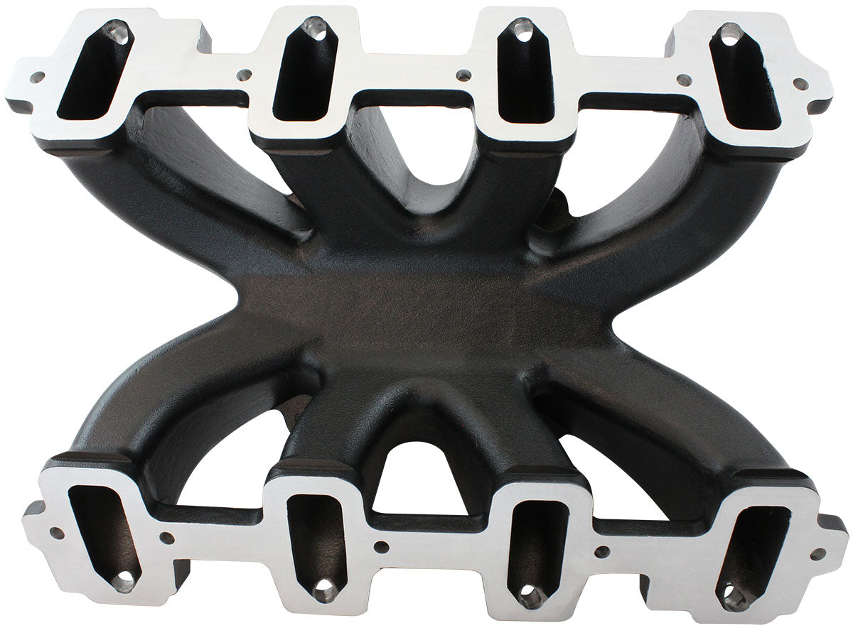 Aeroflow GM LS Cathedral Port Carburettor Hi Rise Race Single Plane EFI Intake Manifold, Black Finish   4 Barrell 4150 Square Bore Carburettor Pad
