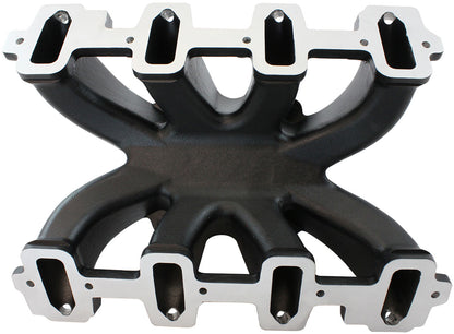 Aeroflow GM LS Cathedral Port Carburettor Hi Rise Race Single Plane EFI Intake Manifold, Black Finish   4 Barrell 4150 Square Bore Carburettor Pad
