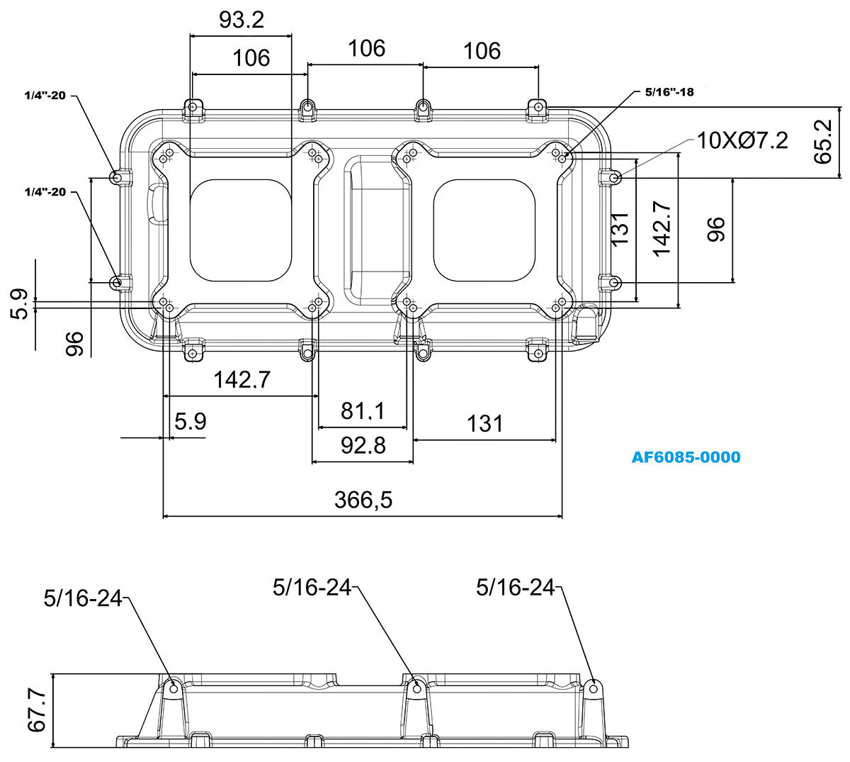 Aeroflow Top Plate with Dual Carburettor Flange For Modular Intake Manifolds, Black Finish  Suit 4150 Square Bore Carbs