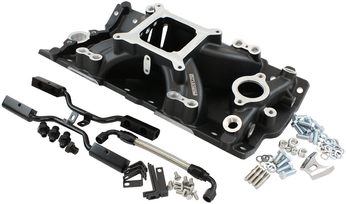 SB Chev EFI Air Gap Single Plane Intake Manifold, Black Finish   2500 - 7500 RPM, Square Bore Carburettor Pad, Non-EGR