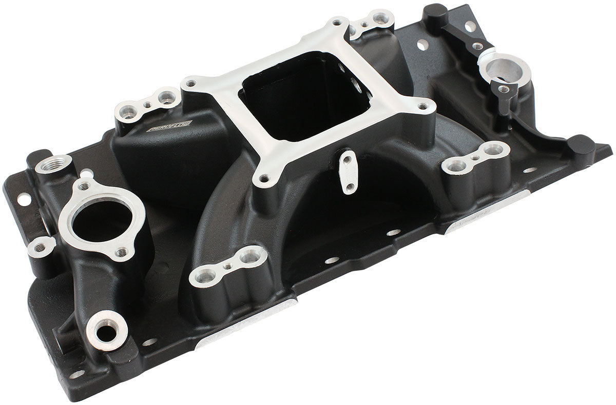 SB Chev EFI Air Gap Single Plane Intake Manifold, Black Finish   2500 - 7500 RPM, Square Bore Carburettor Pad, Non-EGR