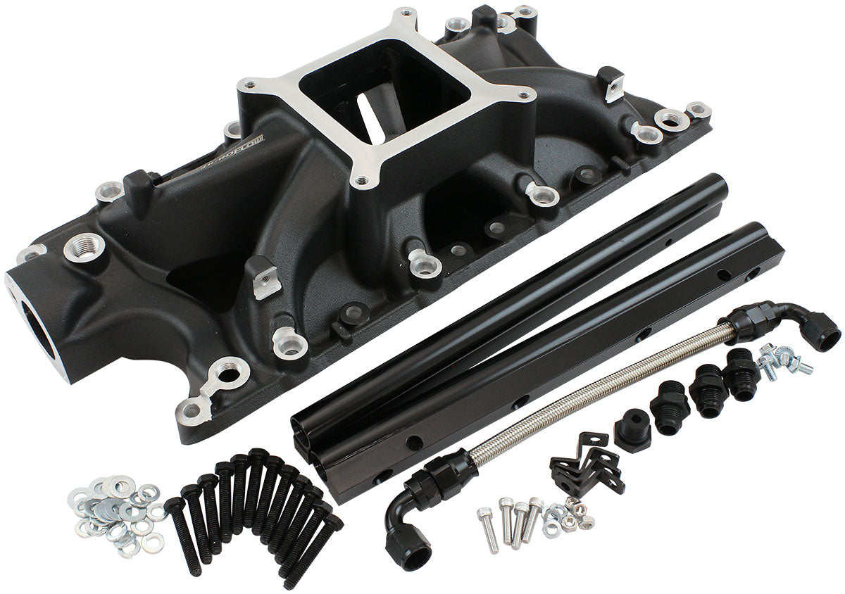 SB Ford 289-302 Windsor EFI Air Gap Single Plane Intake Manifold, Black Finish   2500 - 7500 RPM, Square Bore Carburettor Pad, Non-EGR