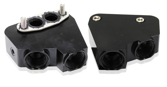 Billet Oil Cooler Adapter  Suit Holden/Chevy LS engine, -10 ORB ports, Black anodised finish
