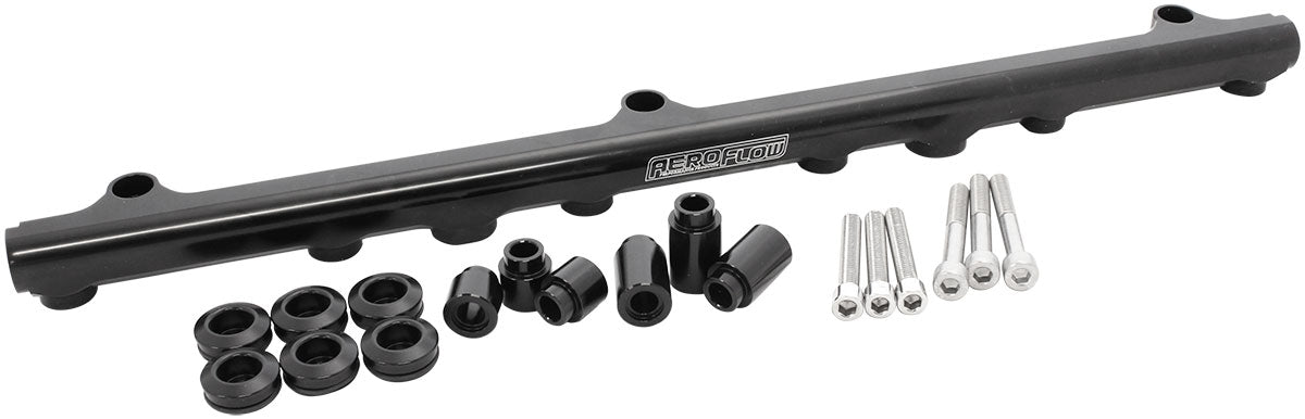 Aeroflow Nissan RB25 Billet EFI Fuel Rail - Black   Suit 14mm 3/4" Length or Short Fuel Injectors, -8ORB Ports