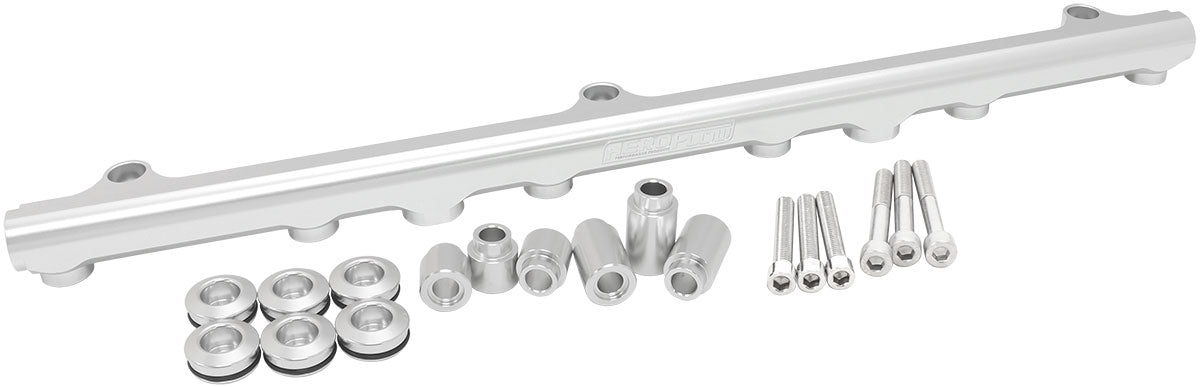 Aeroflow Nissan RB25 Billet EFI Fuel Rail - Silver   Suit 14mm 3/4" Length or Short Fuel Injectors, -8ORB Ports