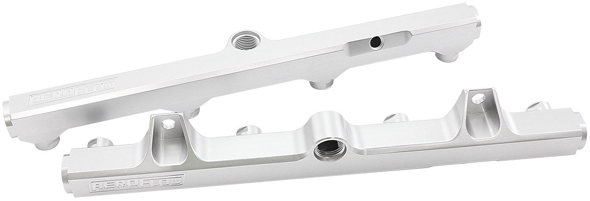 Aeroflow Ford V8 Coyote Billet EFI Fuel Rails - Silver Finish   Suit 14mm Full Length Fuel Injectors, -8ORB Ports