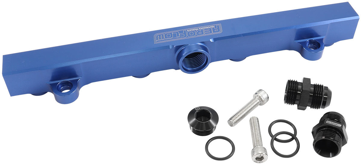 Aeroflow Mitsubishi Evolution 4-9 4G63 Billet EFI Fuel Rails- Blue  Suit 14mmFull Length Fuel Injectors, -10ORB Ports