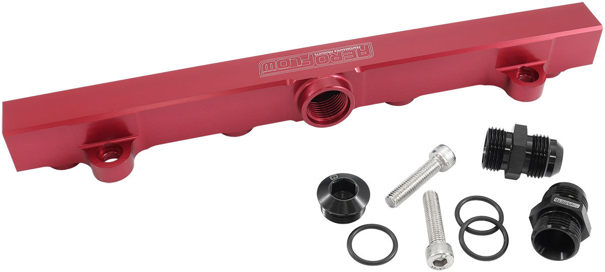 Aeroflow Mitsubishi Evolution 4-9 4G63 Billet EFI Fuel Rails- Red  Suit 14mm Full Length Fuel Injectors, -10ORB Ports