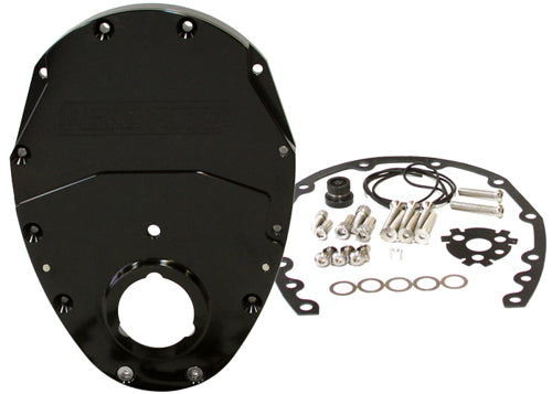 Small Block Chev 350 2-Piece Billet Timing Cover - Black Finish    Includes Gaskets, Seals,Roller Cam button, Mounting Hardware and Replacement O-Ring