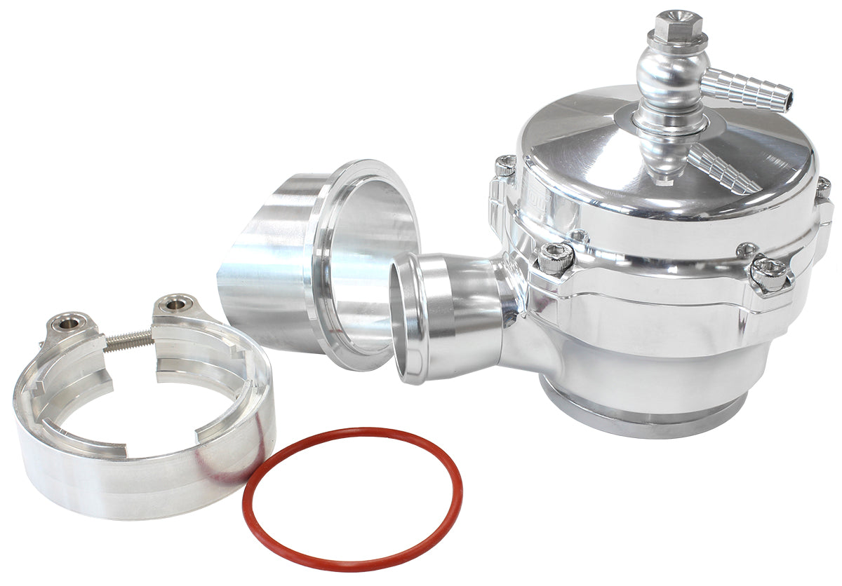 50mm High Flow Plumb Back Blow Off Valve  Complete Kit with 34mm Barb, Weld-on Flange and V-Band in Polished Finish.