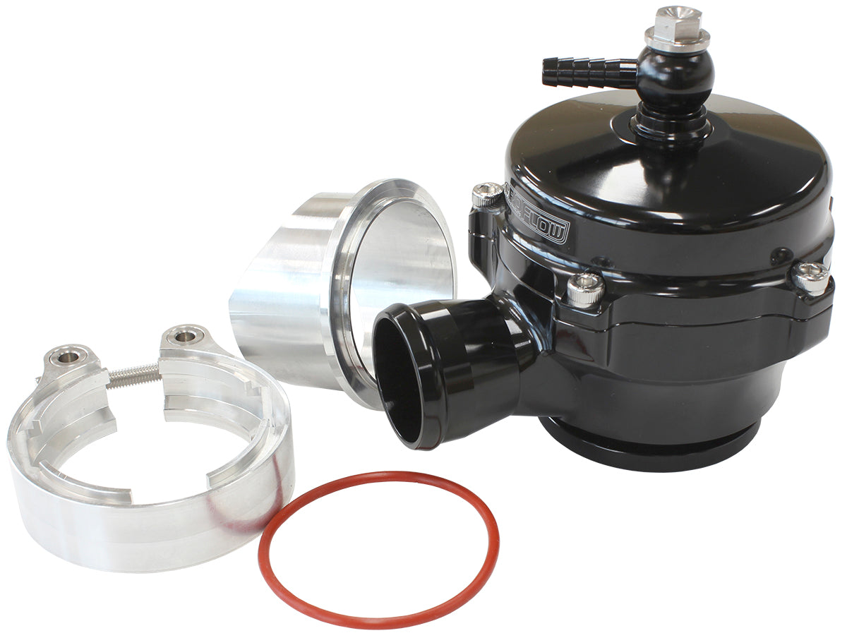 50mm High Flow Plumb Back Blow Off Valve  Complete Kit with 34mm Barb, Weld-on Flange and V-Band in Black Finish.