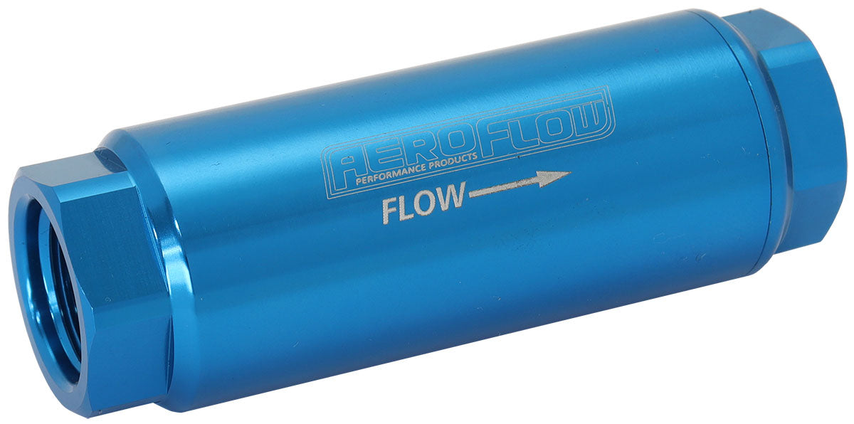 60 Micron Pro Filter with -8AN ORB Ports   Blue Finish. 3-1/2" x 1-1/4"