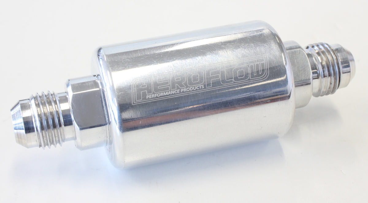 Billet Fuel Filter -6AN  40 micron Stainless Steel element, 1.25" x 3" L, Polished finish