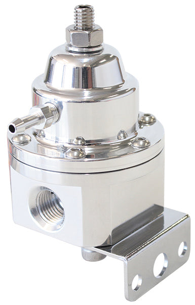 3-Port 1200hp Billet Fuel Pressure Regulator 30-120psi Adjustable - Polished  3 x -6 ORB Ports & 1 x 1-/8" NPT Port
