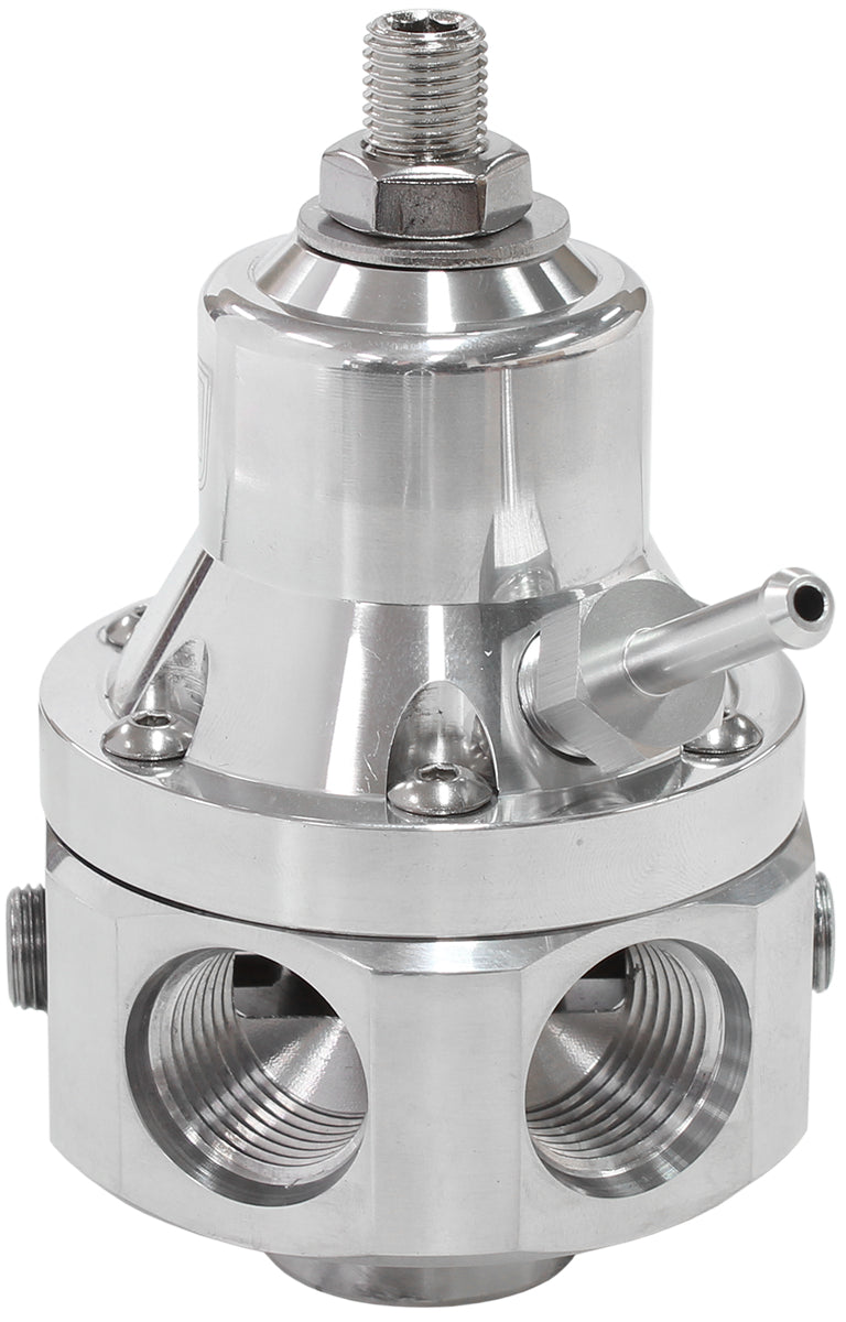 4-Port 2000hp Billet Fuel Pressure Regulator 35-85psi Adjustable   Polished Finish. 4 x -8ORB Ports, 1 x -8ORB Return and 2 x 1/8" NPT Ports