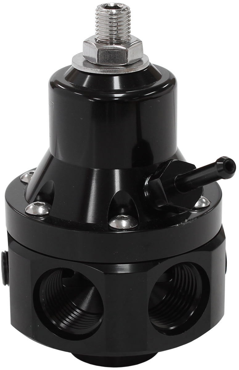 4-Port 2000hp Billet Fuel Pressure Regulator 35-85psi Adjustable   Black Finish. 4 x -8ORB Ports, 1 x -8ORB Return and 2 x 1/8" NPT Ports