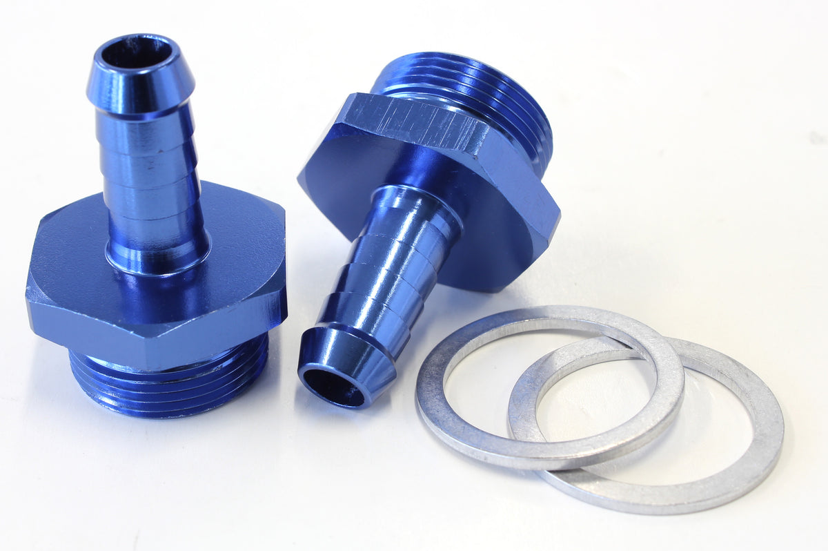 Carburettor Adapter - Male 3/8" Barb to 7/8" x 20   Blue Finish. Suit Holley Inlet Feed