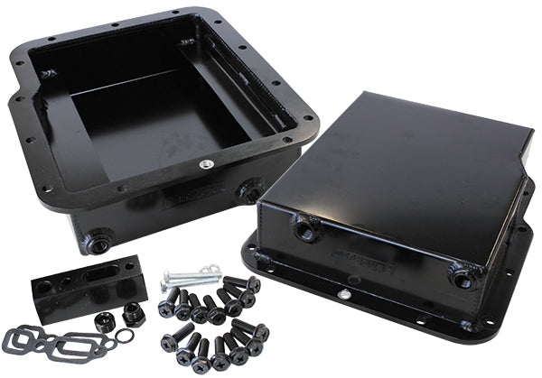 3" Deep Fabricated Transmission Pan including Filter Extension    Black Finish. Suit GM Powerglide