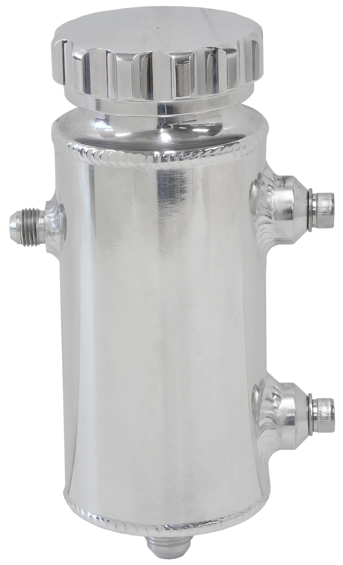 Universal 650mL Alloy Power Steering Reservoir - Polished Finish  8" Height x 3" Diameter, -8AN Feed and -6AN Return Ports