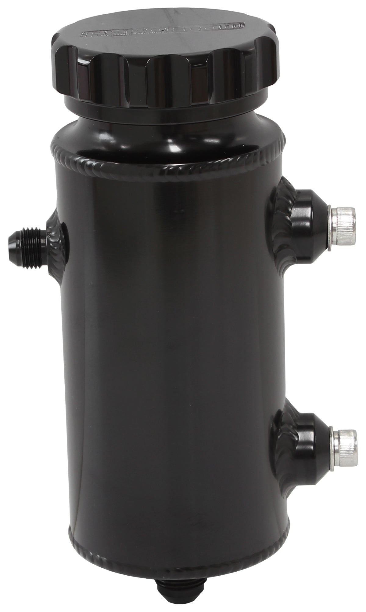 Universal 650mL Alloy Power Steering Reservoir - Black Finish  8" Height x 3" Diameter, -8AN Feed and -6AN Return Ports
