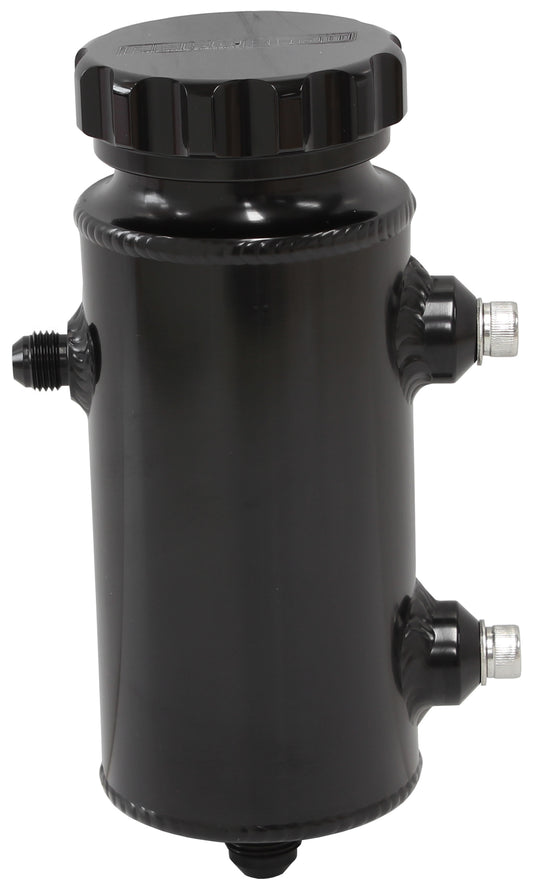 Universal 650mL Alloy Power Steering Reservoir - Black Finish  8" Height x 3" Diameter, -8AN Feed and -6AN Return Ports