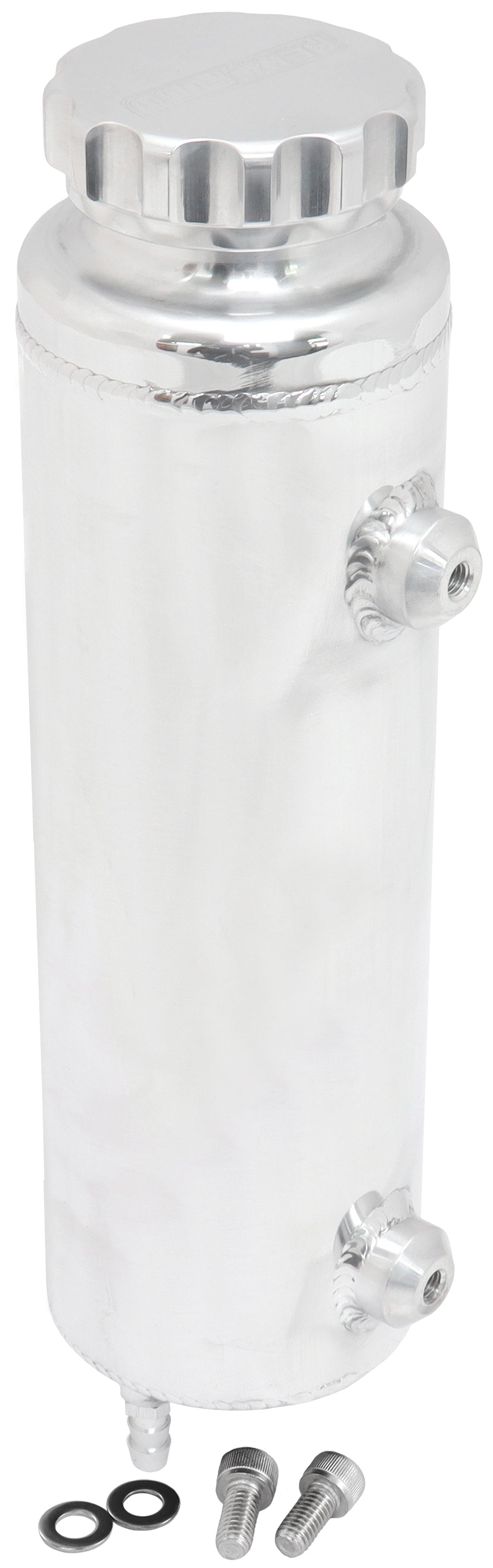 Universal Large Fabricated Alloy Radiator Overflow Tank - Polished Finish    1450ml capacity, 12" Overall Height x 3-1/2" Diameter